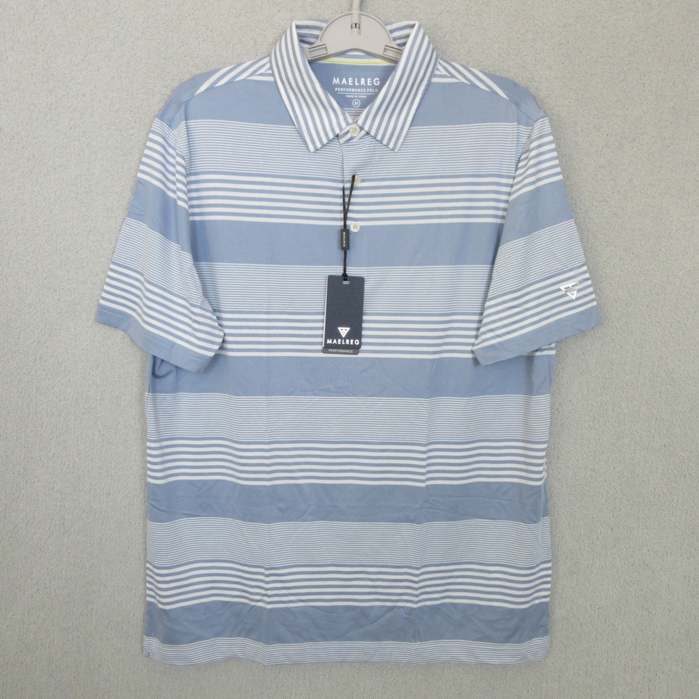 MAELREG Performance Polo Mens Medium‎ Blue White Stripe Short Sleeve Golf NEW